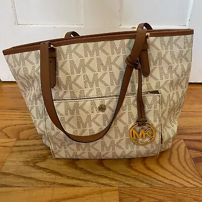 Michael Kors Brown White Signature Jet Set East West Tote Purse J-1501 *read • $35