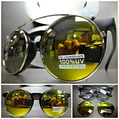 VINTAGE 60's Style Clear Lens CLIP ON SUN GLASSES Round Matte Black & Gold Frame • $19.99
