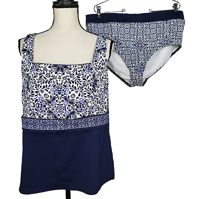 Lands End Swimsuit 18W Mast Blue White Floral Square Neck Mastectomy Tankini • $32.99