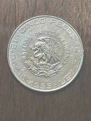 1955  Mexico $5 Pesos Hidalgo  .720 Silver Coin   Km 469 • $18