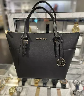 Michael Kors Charlotte Large Leather Top Zip Shoulder Handbag Tote Bag - Black • $116