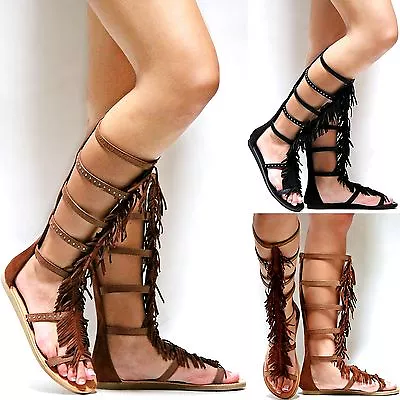 New Women CPaS Brown Black Fringe Studded Gladiator Knee High Tall Sandals • $24.99