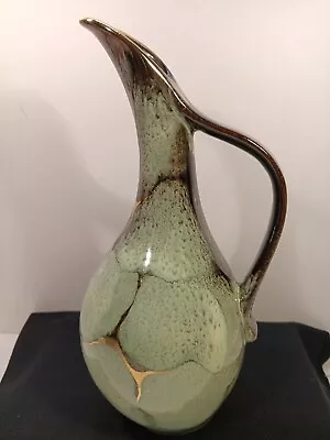 70s Vtg. W. Germany Ceramic Glaze Green Teal W/ Gold Gild Vain Design Ewer/Vase • $20.99