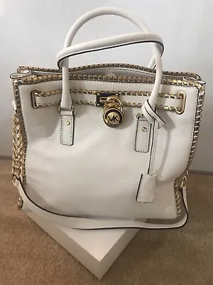 Michael Kors Whipped White Gold L Satchel Hamilton Convertible Leather Tote New • $300