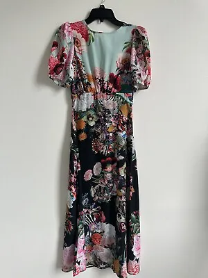 Mary Katrantzou X Lipsy Puff Sleeve Midi Dress Flora & Fauna Art Print Size 2 US • $61.60