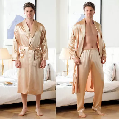 2x Men Faux Silk Satin Pajamas Bathrobe Pants Sleepwear Nightwear Gown Home Wear • $65.30