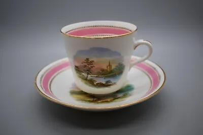 Minton Tea Cup & Saucer Pink Rim Hand Painted Castle Scene 851 • £85.15