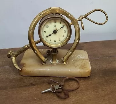 HAC Clock Marble Brass Horseshoe Riding Crop Desk Mantel Hamburg American • £47.71