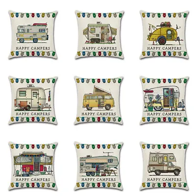 Happy Camper Touring Car Cushion Cover Throw Pillow Case Sofa Couch Decoration • $5.38