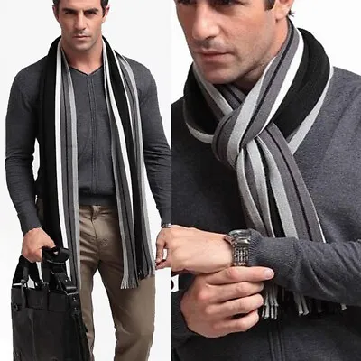 Mens Cashmere Striped Scarf Winter Soft Fringe Tassel Long Shawl Stole Neck Wrap • £5.47