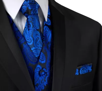  Italian Design Royal Blue Paisley Formal Tuxedo Vest Tie & Hankie Set. • $22.95