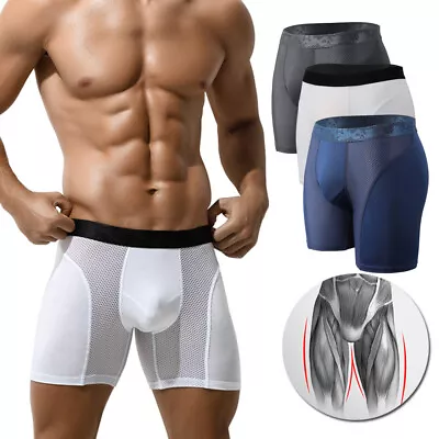 3 Pack Men's Long Leg Boxer Briefs Anti-Chafing Mesh Breathable Underwear Shorts • $7.79