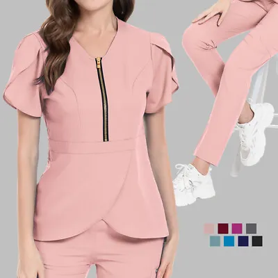 Women Stretch Beauty Nurse Scrub Uniform Set Short Sleeve Cargo Pant Healthcare • $35.99