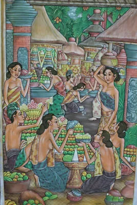 Balinese Village Life Scene Painting Acrylic Canvas Bali Wall Art Signed Ubud • $645.84