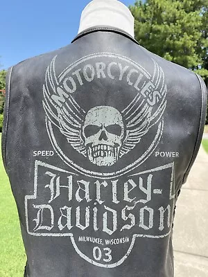 Harley-Davidson Men DESTINATION Skull Leather Vest Large 97196-14VM Distressed • $269.98