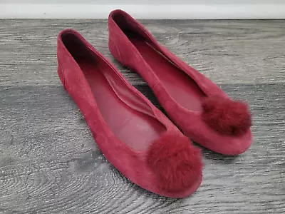 Michael Kors Remi Ballet Flat Shoes Pom Pom Mulberry Red Suede Fur Size 7 • $13.50