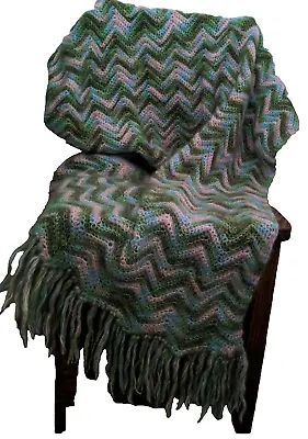 Mohair? Hanmade? Fringed Throw Green Mauve 40  X 60 + 5  Fringe Vintage? • $15