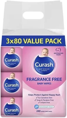 Curash Baby Wipes Fragrance Free 3 X 80 Value Packs Soap & Paraben Free • $10