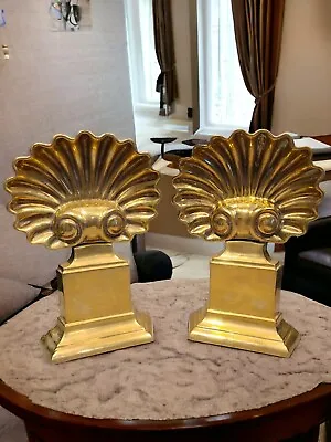 Brass 12  Andirons Vintage Art Deco Hollywood Regency Shell Motif Fireplace  • $864.95