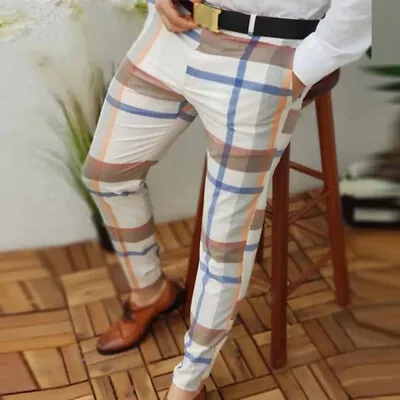 Mens Formal Smart Trousers Plaid Check Tartan Casual Office Work Business Pants/ • £14.20