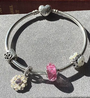 Authentic PANDORA Moments Always In My Heart Clasp Bangle Bracelet 7.5 W/charms • $95