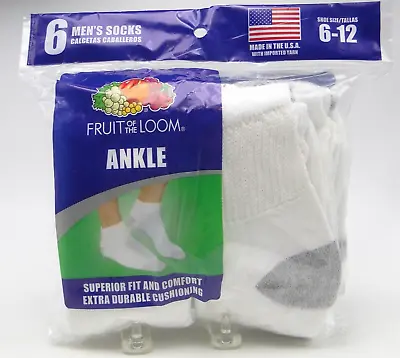 6pr Mens White Cushion Sole Ankle Socks 6-12 Fruit Of The Loom • $11.99