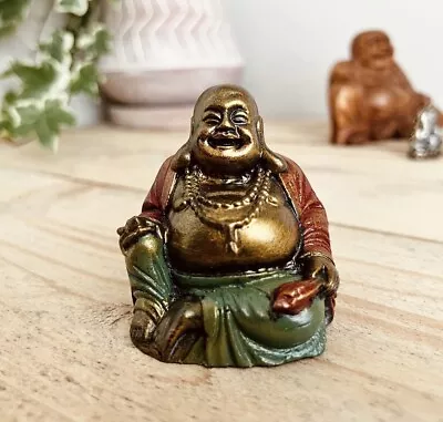 Handmade Fair Trade Small Sitting Gold Laughing Buddha Ornament Bohemian Hippie • £14.99