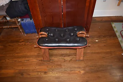 Vintage Wood Camel Saddle Foot Stool Seat Brass Inlay • $40