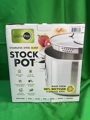 Greenpan 8.3 Qt Stainless Steel Stockpot Straining Glass Lid 3 Ply Base New • $20