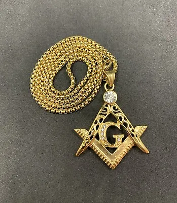 Masonic Square And Compass Gold Plated G Symbol Pendant With Imitation Diamonds • £14.99