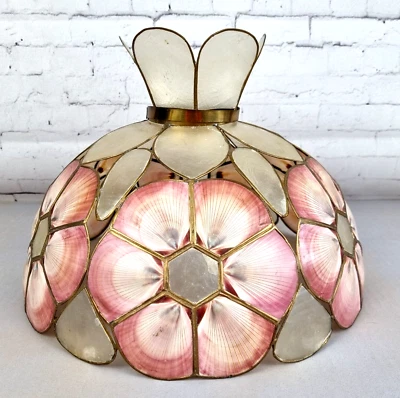 Capiz Shell Lampshade Vintage Retro Dark Pink Floral Ceiling Light Round Pendant • £29.99