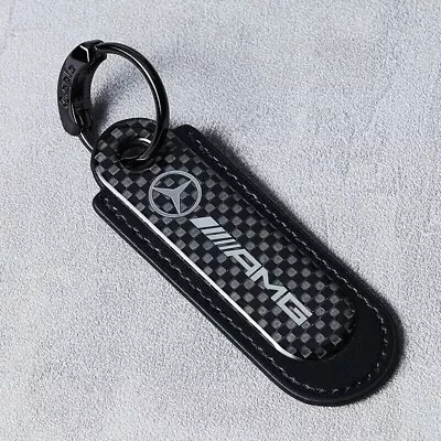 Real Carbon Fiber+Black Leather Keychain Key Fob Key Ring For Mercedes Benz AMG • $19