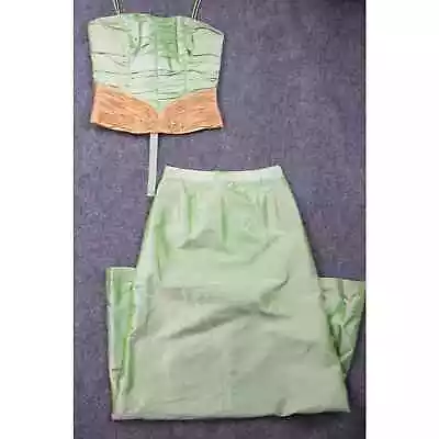 Marisa Baratelli Tai Silk 2 Piece Skirt Set Dress Womens Size 2 Seafoam & Gold • $52.35