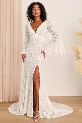 $100 • Buy Lulu's Size Large Duchess Ivory Boho Lace Wedding Maxi Dress Bell Sleeves 