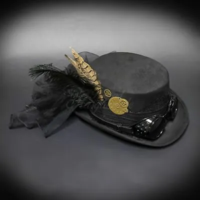 Steampunk Costume | Steampunk Black Hat Black Goggles Gold Leaf • $26.95