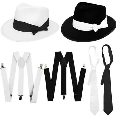 Mens Gangster Hat Tie Braces 1920's Set Felt Trilby Mafia Pimp Fancy Dress Lot • £7.99