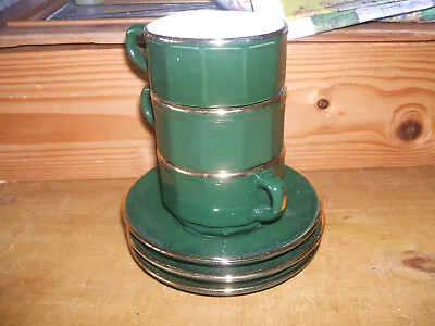 £25 • Buy Apilco French Green Gold Bistro Coffee Tea Cups And Saucers X 3 3 1/4  Across