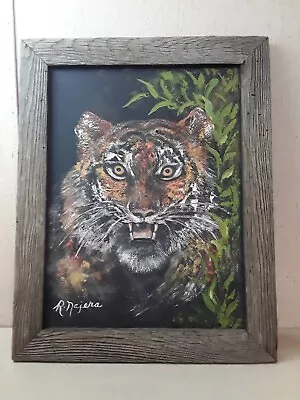 Vintage Hand Painted Tiger On Canvas In Rustic Frame 23x29 • $57.31