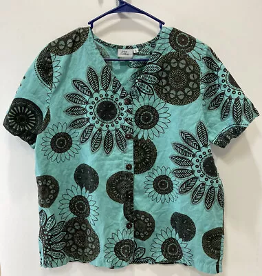 Hot Cotton By Marc Ware Linen Blend Button Up Top Blue Brown Floral Size Large • $17.75