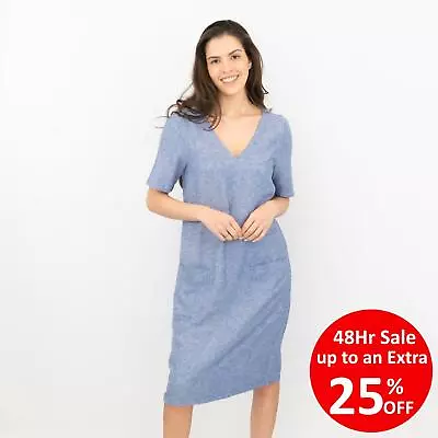 M&S Womens Dress Linen Blend Blue Easy-iron Pockets V-Neck Shift Lightweight  • £11.21