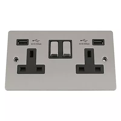 £16.90 • Buy USB Socket 2 Gang - Satin Matt Chrome Flat - Black Insert Metal Rocker