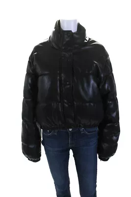 Zara Womens Vegan Leather Quilted Mock Neck Zip Up Puffer Coat Black Size S • $34.99