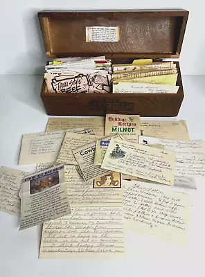 Vintage Wooden Recipe Box W/ Lid & Recipes Handwritten & Cut From Magazines Etc • $29.99