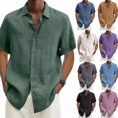 Mens Linen Style Short Sleeve Shirts Button Down Formal Dress Shirt Casual Solid • $13.45