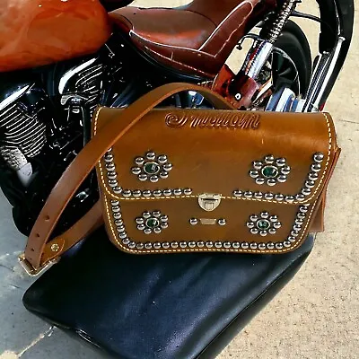 Vtg Genuine Leather Indian Motorcycle Logo Engraved Studded Crossbody/Purse RARE • $144.99