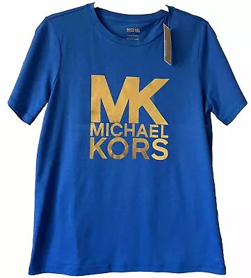 NWTWomen’s Michael Kors  Blue Gold Tone Logo T-Shirt Sz. S; Ret$78.00 • $33.99