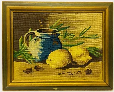 Vintage Fabric Wall Art Fruit Pitcher Lemons Framed Burlap Mid Century Textile • $79.99