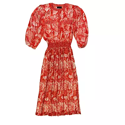 1980s Diane Freis Georgette Dress Smocked Waist Red White Floral Vintage Maxi • $79.95