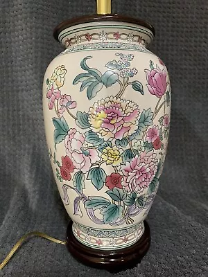 Vintage Lamp ~  Chinese Hand Painted Cloisonné Style ~ Floral ~ Porcelain & Wood • $59