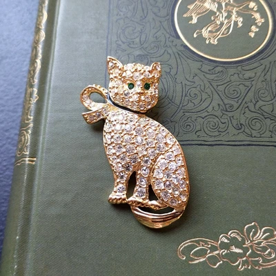 $5 • Buy Vintage Gold Rhinestone Kitty Cat W/Green Eyes Brooch Pin -Roman Costume Jewelry